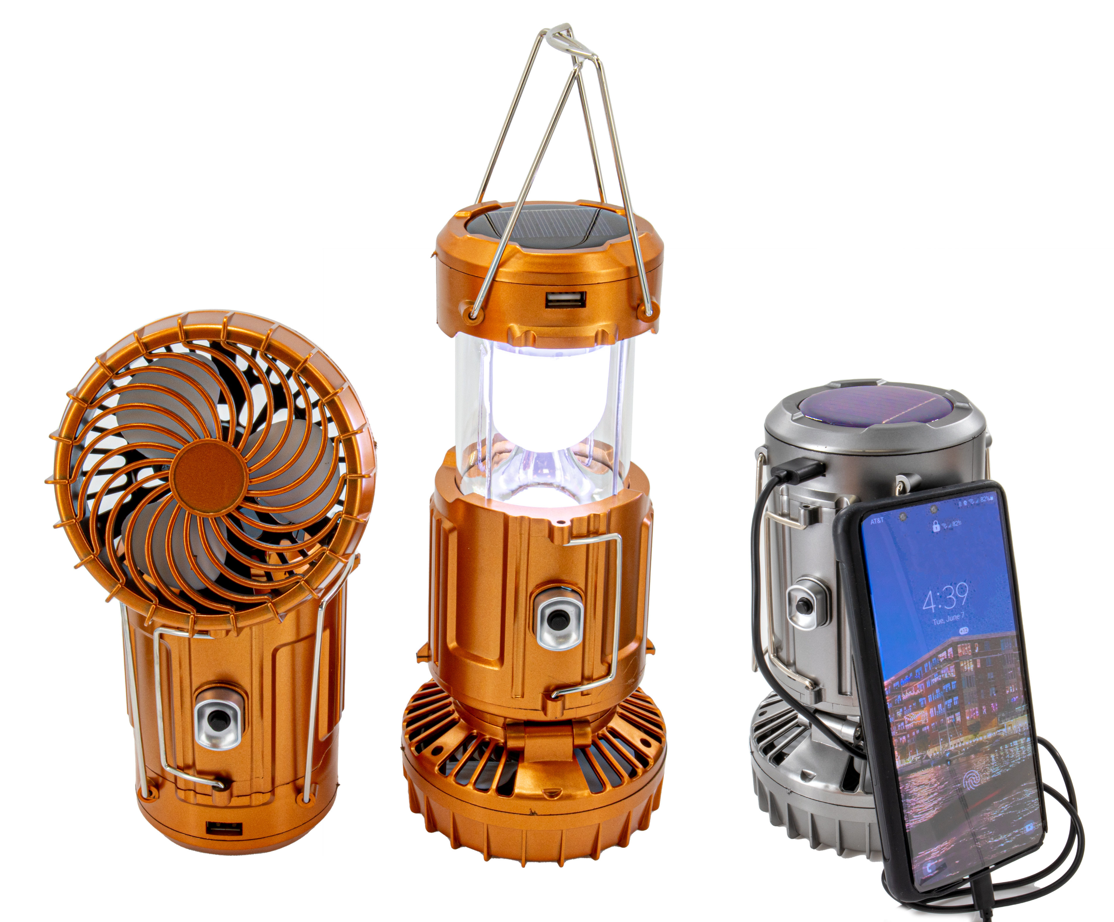 Solar Powered Lantern w/ Fan - Rechargeable Camping Flashlight Lamp w/ Battery Backup - Portable, Adjustable, Collapsible, Solar Charging Station - Rechargeable Fan With Light - Large Size - Copper