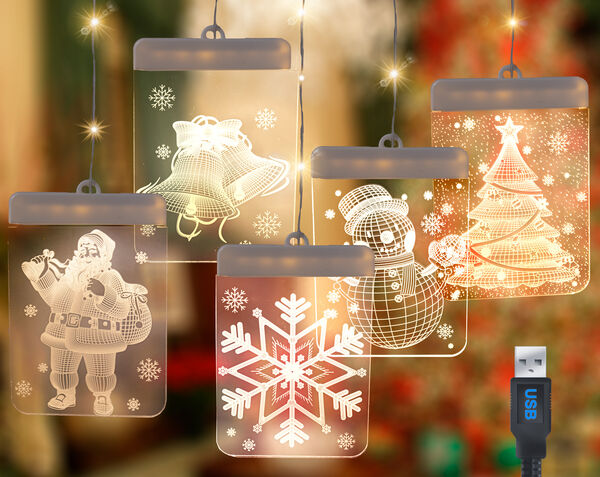 Christmas Window Light Decoration- 3D LED Acrylic Hanging Decor With Icicle Strings : Santa Claus, Snowflake, Snowman,Tree & Jingle Bells - Indoor Holiday Ornament Curtain Lights - USB Powered 5PC Set - USB Rechargeable + $3.95