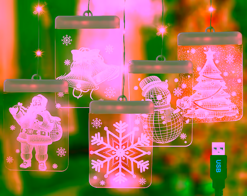 Christmas Window Light Decoration- 3D LED Acrylic Hanging Decor With Icicle Strings : Santa Claus, Snowflake, Snowman,Tree & Jingle Bells - Indoor Holiday Ornament Curtain Lights - USB Powered 5PC Set
