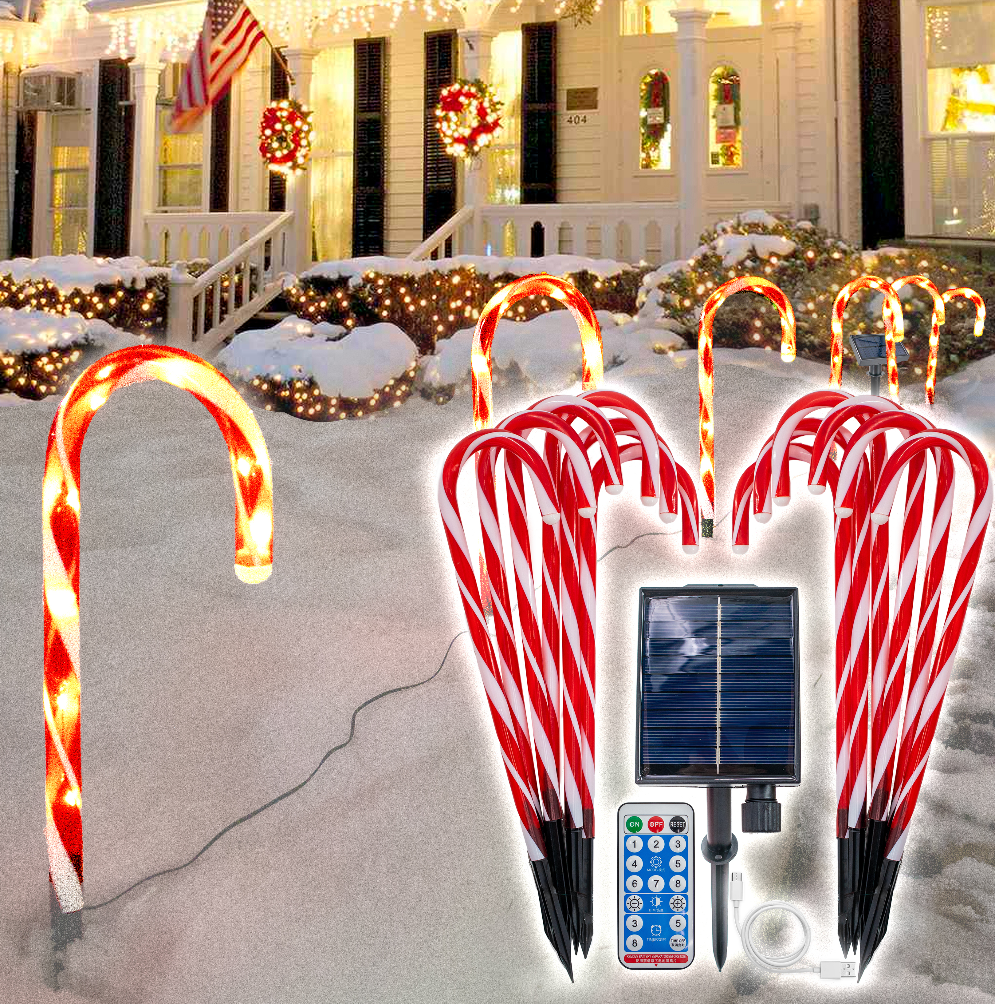 Solar Christmas Candy Cane Lights 12pc Set - Outdoor Stake Christmas Decorations - Waterproof For Patio, Garden, Pathway Markers, Holiday Xmas Walkway Lanscape Garden Decor