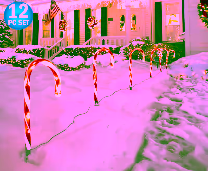 Solar Christmas Candy Cane Lights 12pc Set - Outdoor Stake Christmas Decorations - Waterproof For Patio, Garden, Pathway Markers, Holiday Xmas Walkway Lanscape Garden Decor
