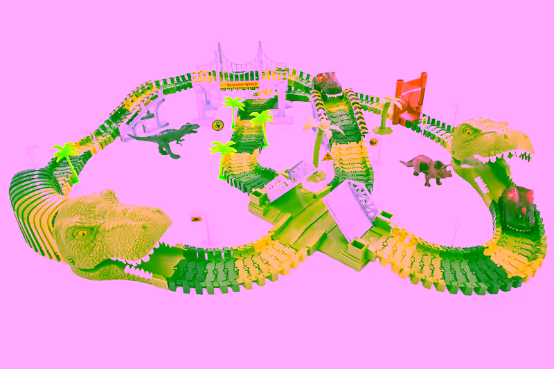 Magical Dino Twisting Race Car Track - Dinosaur Tunnel, Drawbridge & Bridge Flexible Bending Race Tracks w/  2 Race Track Slot Car Toy - ( Totals 196 pcs )