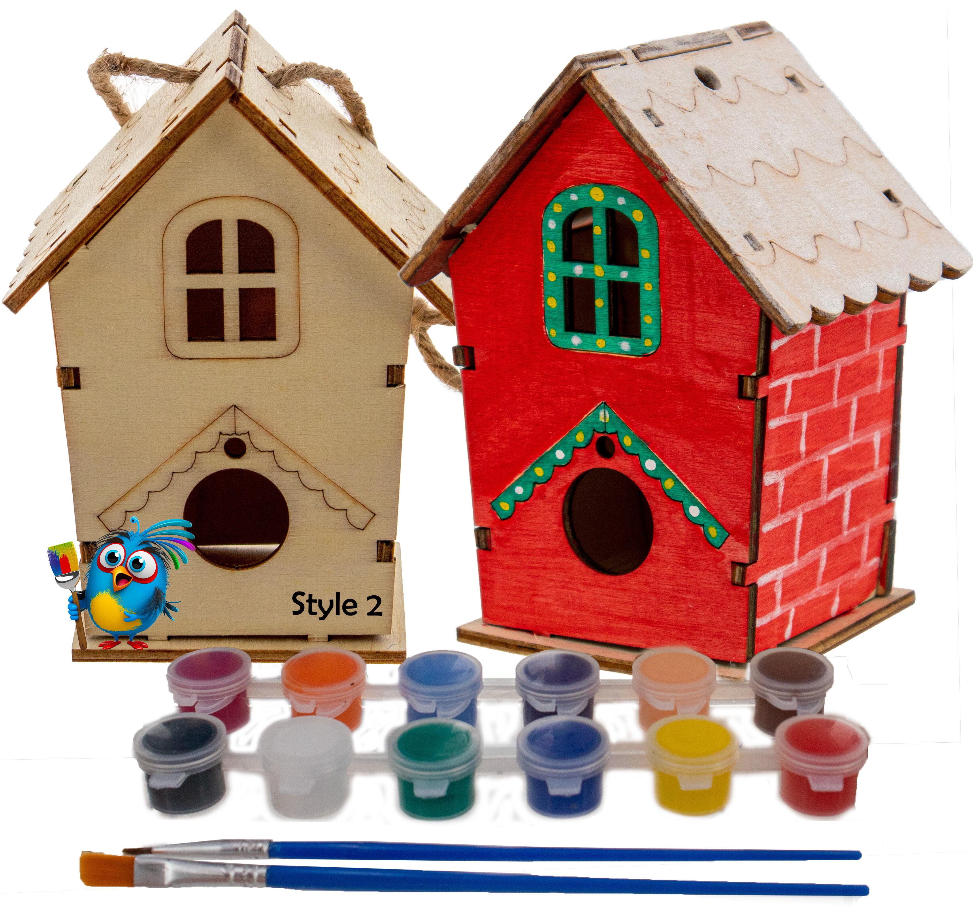 DIY Wood Birdhouse Kit - Easy To Paint & Build Your Own Homemade Bird House - Arts and Crafts for Kids - Includes Paints and Brushes - Style 2