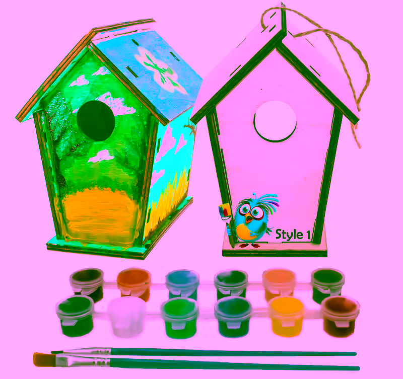 DIY Wood Birdhouse Kit - Easy To Paint & Build Your Own Homemade Bird House - Arts and Crafts for Kids - Includes Paints and Brushes - Style 1