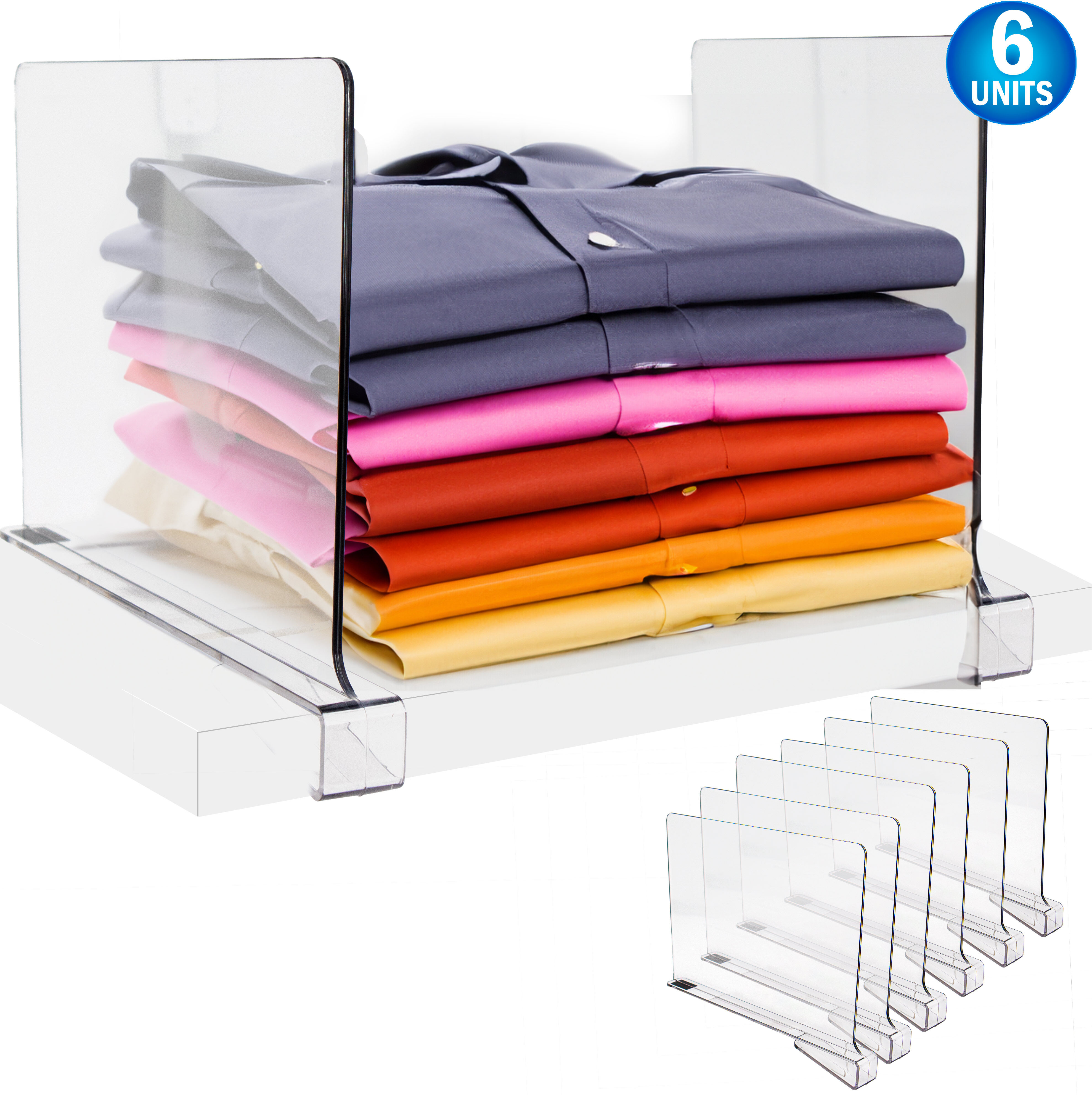 Acrylic Shelf Dividers & Clear Closet Organizer - 6pc - Storage Rack Separator For Organization - Durable & Transparent for Wardrobe, Towels, Clothes, Jeans & Books