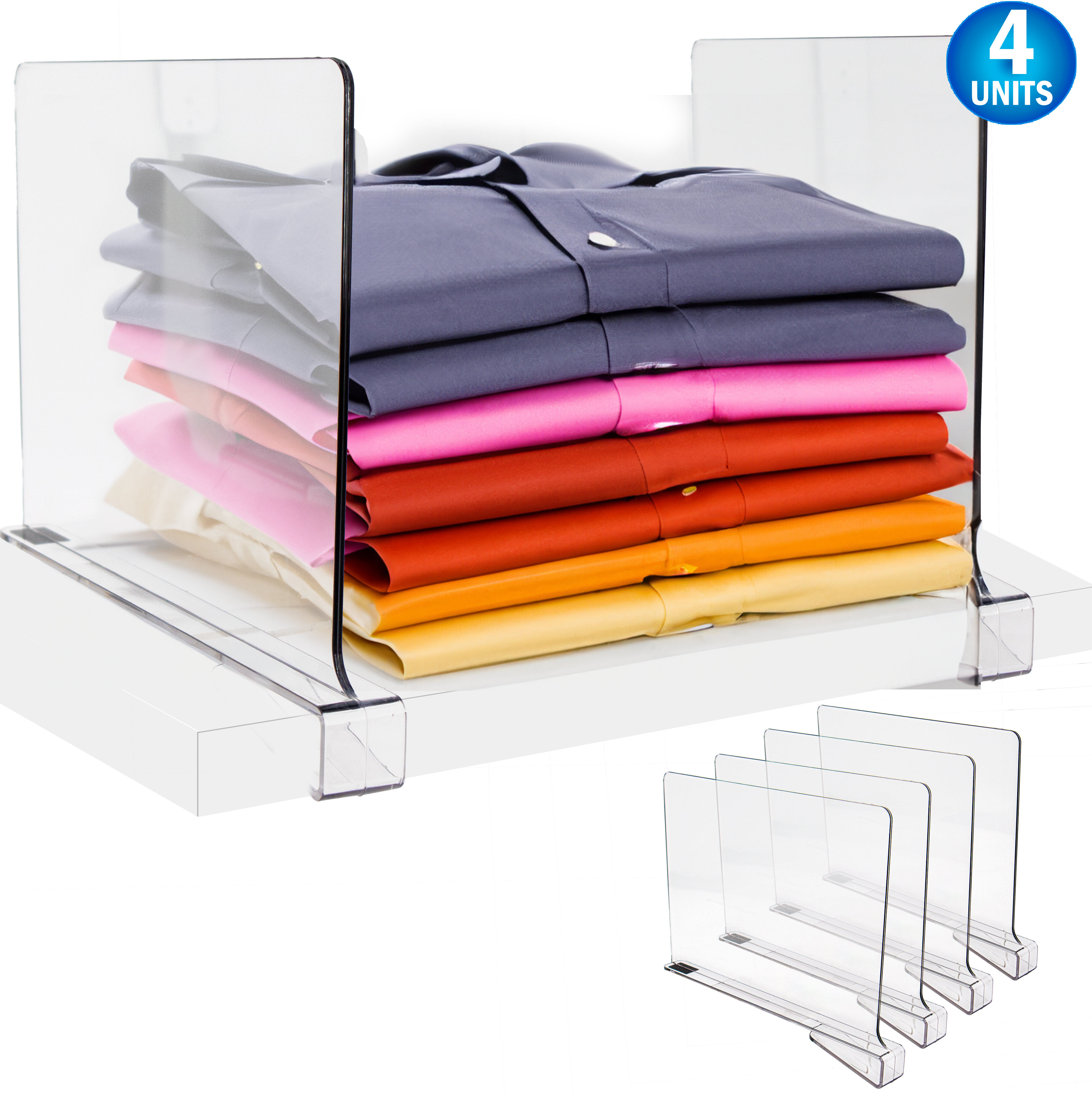 Acrylic Shelf Dividers & Clear Closet Organizer - 4pc - Storage Rack Separator For Organization - Durable & Transparent for Wardrobe, Towels, Clothes, Jeans & Books
