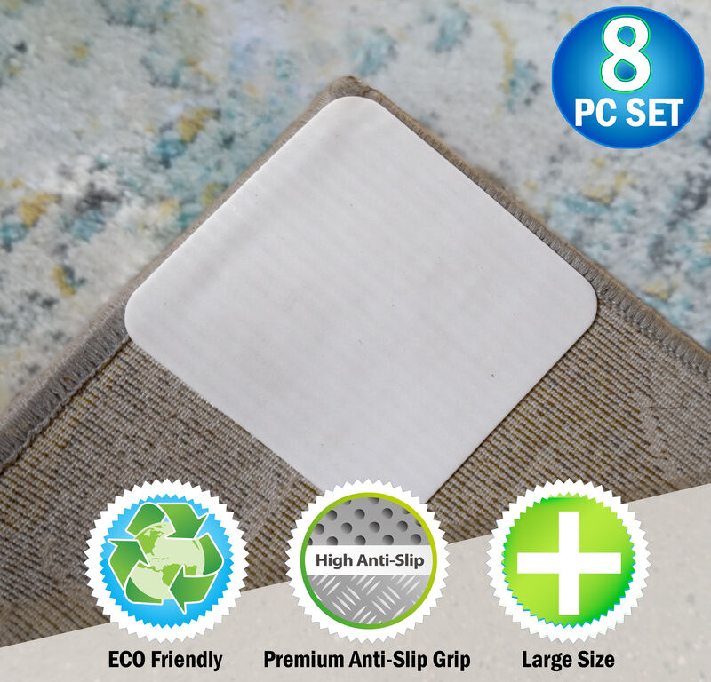 Rug Grippers with Non Slip Vacuum Suction Grip 8pc - Anti-Slip & Curl Prevention Mats - Sqaure, Thin, Reusable & Durable Adhesive Pads Keeps Your Rugs In Place for High Traffic Areas