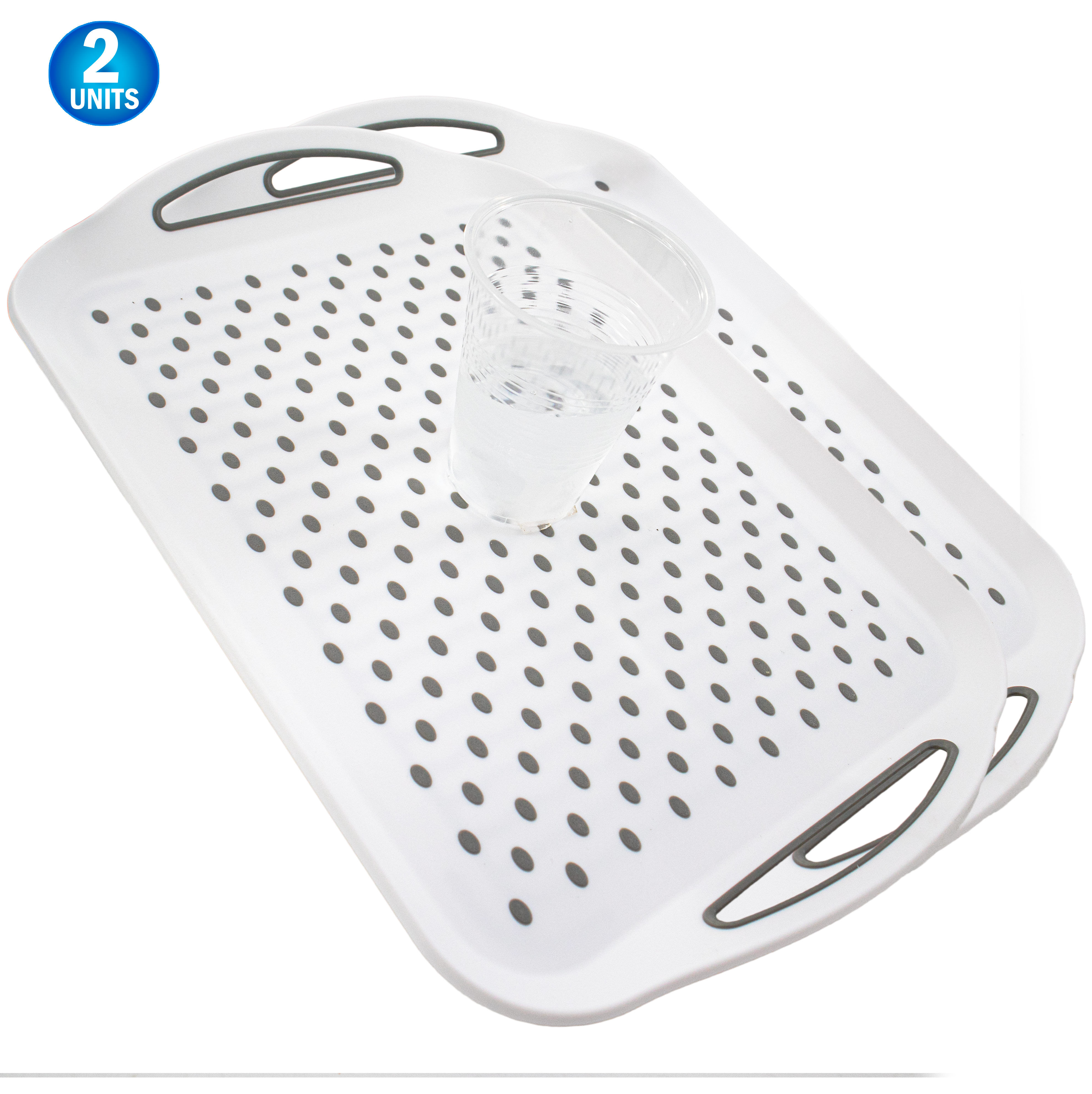 Non Slip Serving Tray With Handles - Rubber Silicone Grip Anti Spill Plastic Food Carrying Tray 2pc - For TV Dinners, Breakfast, Bed & Lap Serving, Coffee Tables, Parties & More. - White Large