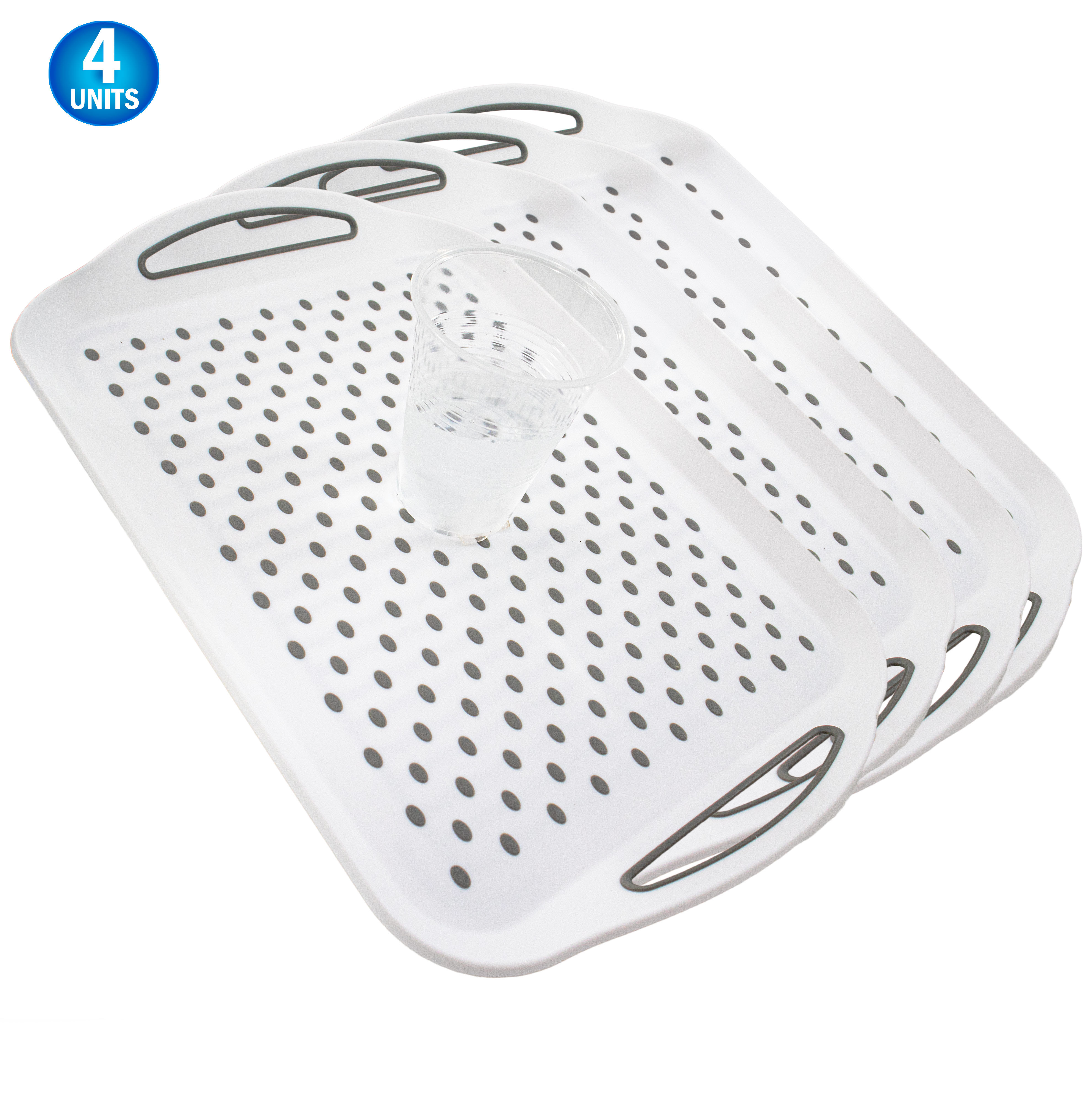 Non Slip Serving Tray With Handles - Rubber Silicone Grip Anti Spill Plastic Food Carrying Tray 4pc - For TV Dinners, Breakfast, Bed & Lap Serving, Coffee Tables, Parties & More. - White Medium