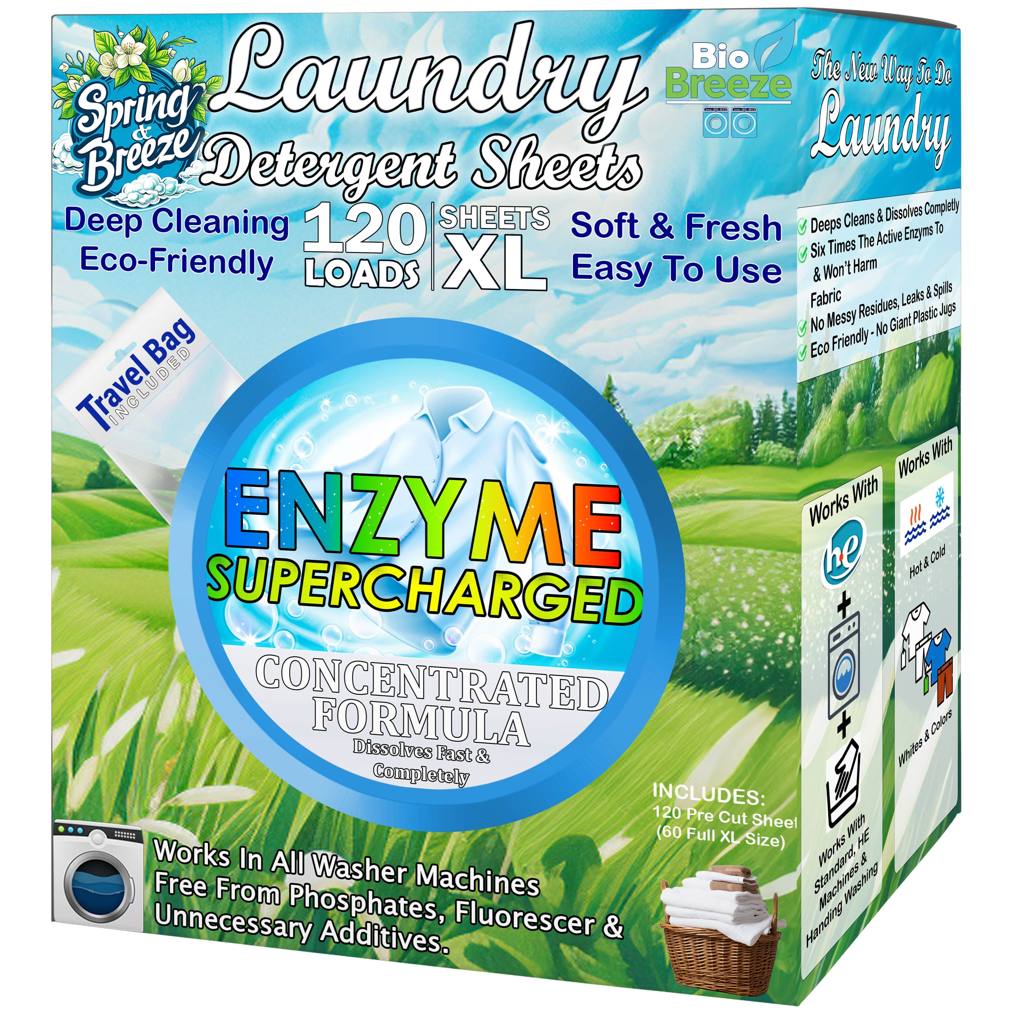 Laundry Detergent Sheets (120 Loads) Eco-Friendly, Hypoallergenic, & Enzyme-Based Powerful Stain Removal -  Convenient for Travel & Space-Saving - Fresh Scent - Spring Breeze