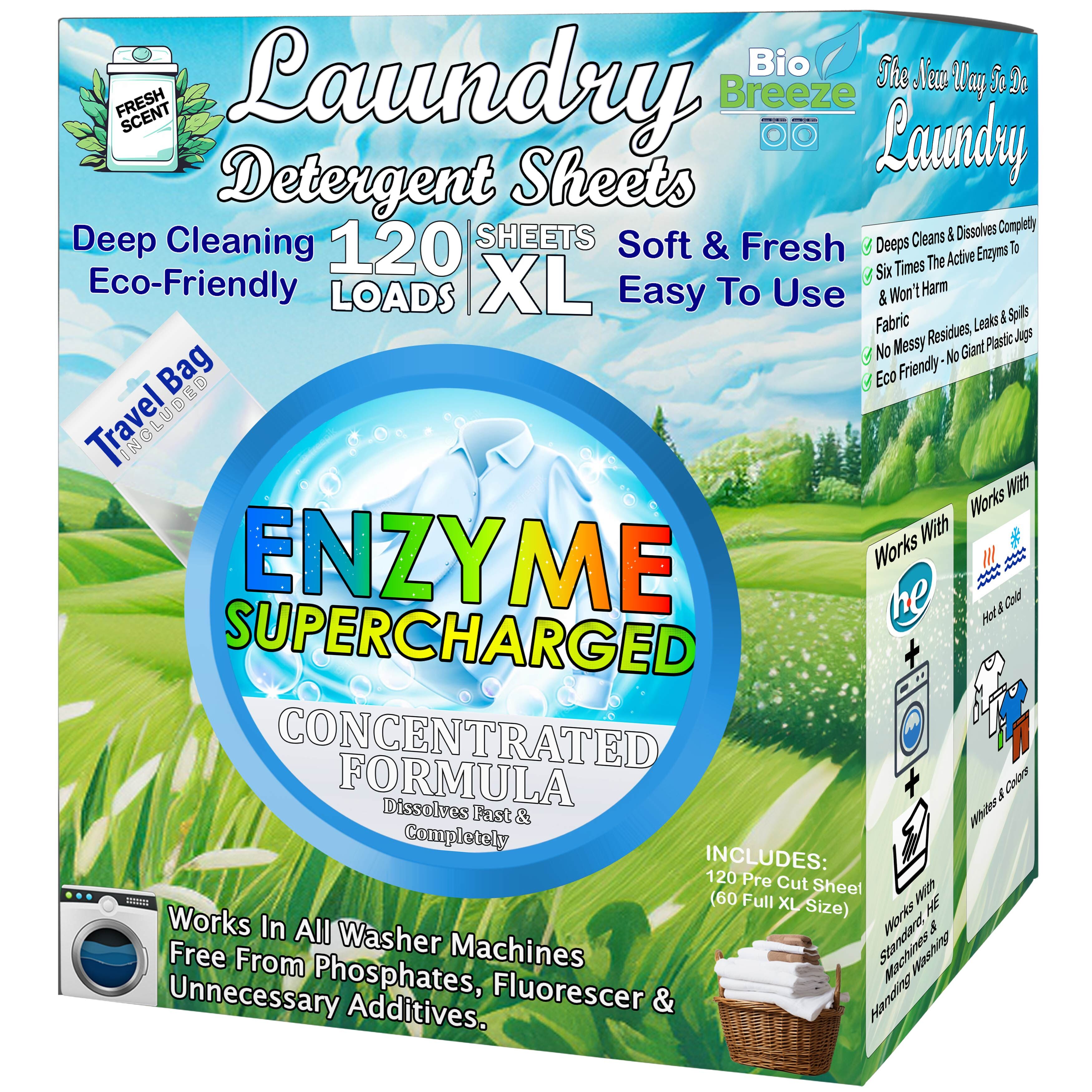 Laundry Detergent Sheets, Hypoallergenic, Eco Friendly, 120 Loads, 6X Enzyme Based