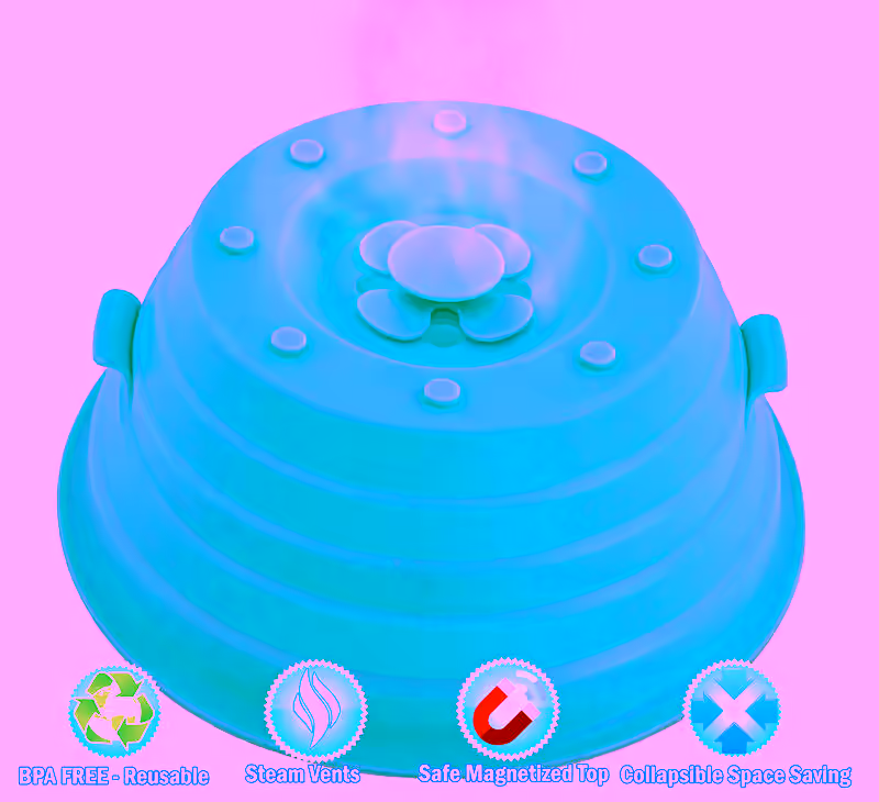 Microwave Collapsible Magnetic Silicone Cover Lid - 3-in-1 Hovering Anti-Splatter Shield Guard, Moisture Seal Technology, Dishwasher Safe, Magnetized, Space-Saving, Plastic-Free, Sticks To Top, Ideal for Reheating & Steaming