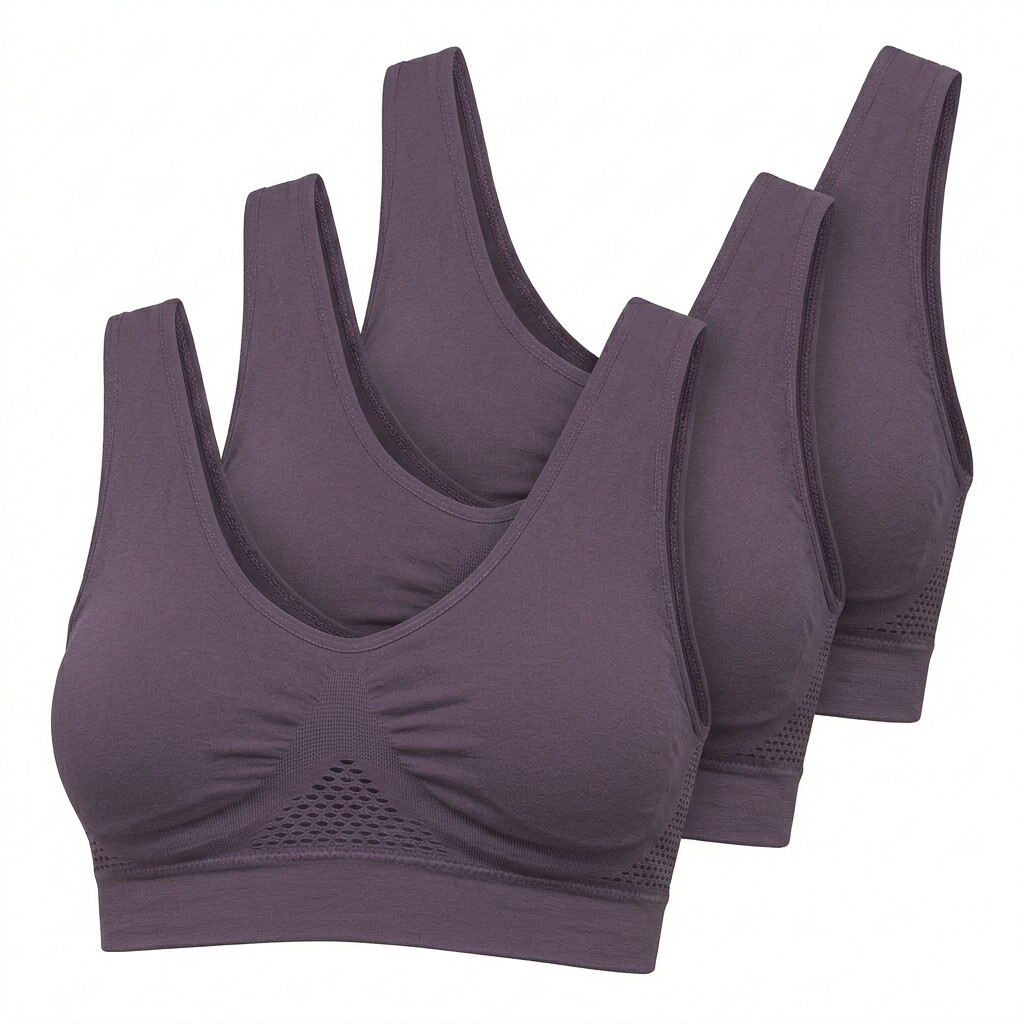Seamless Support Wireless Comfort Bra 3pc - Breathable Mesh Design, Anti-Chafing, Removable Pads, Versatile & Easy Maintenance Stretch Sports Freedom Bra - Dusky Purple Medium
