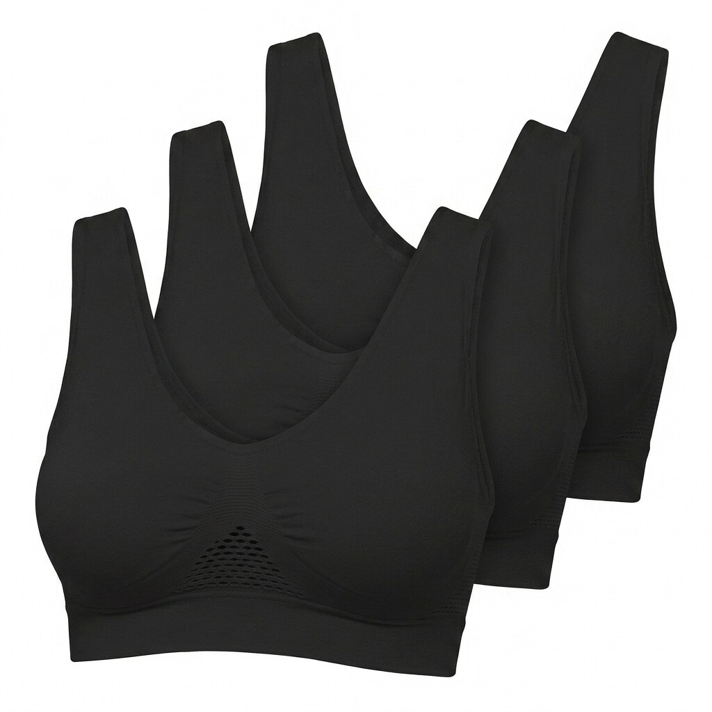 Seamless Support Wireless Comfort Bra 3pc - Breathable Mesh Design, Anti-Chafing, Removable Pads, Versatile & Easy Maintenance Stretch Sports Freedom Bra - Black Large