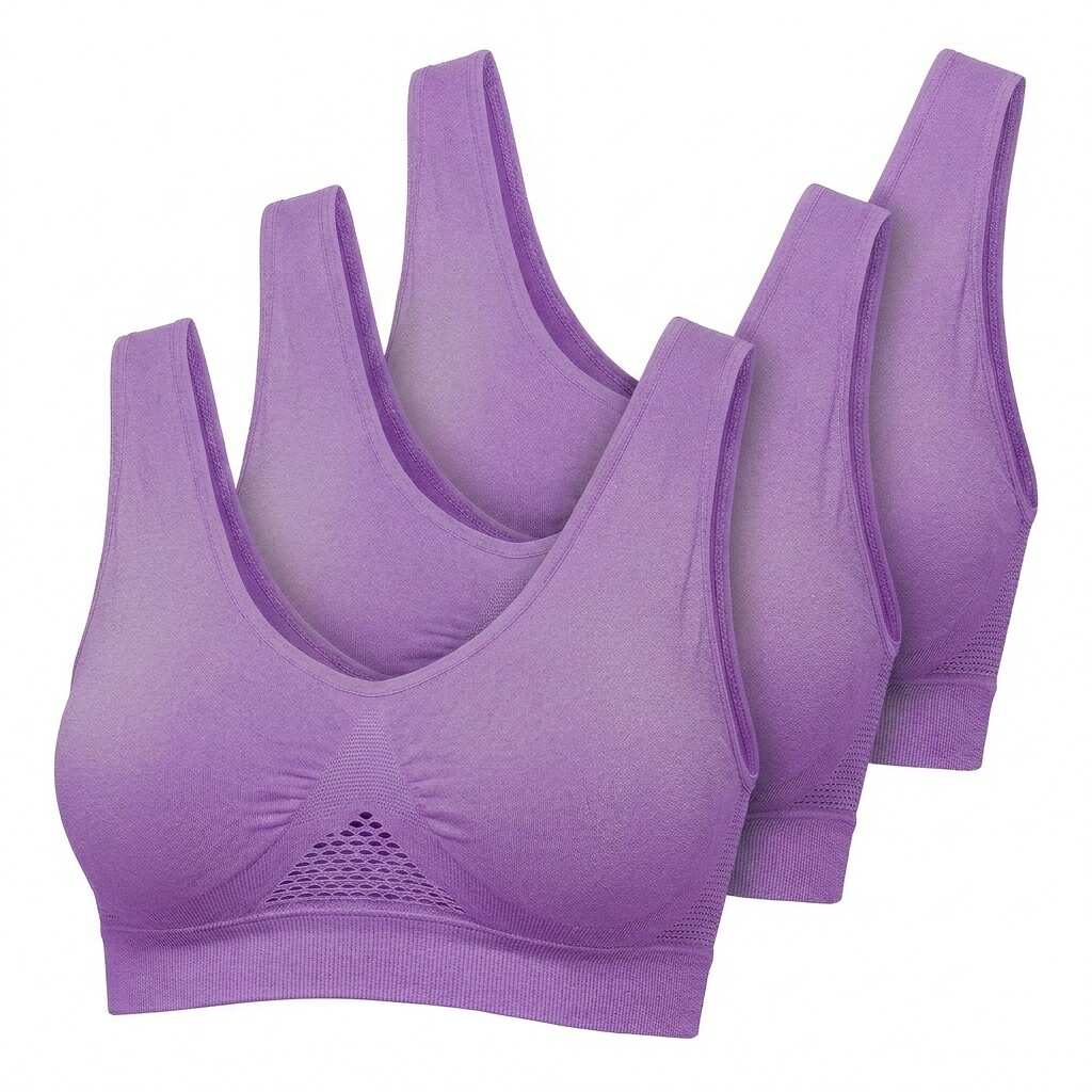 Seamless Support Wireless Comfort Bra 3pc - Breathable Mesh Design, Anti-Chafing, Removable Pads, Versatile & Easy Maintenance Stretch Sports Freedom Bra - Lavender Large
