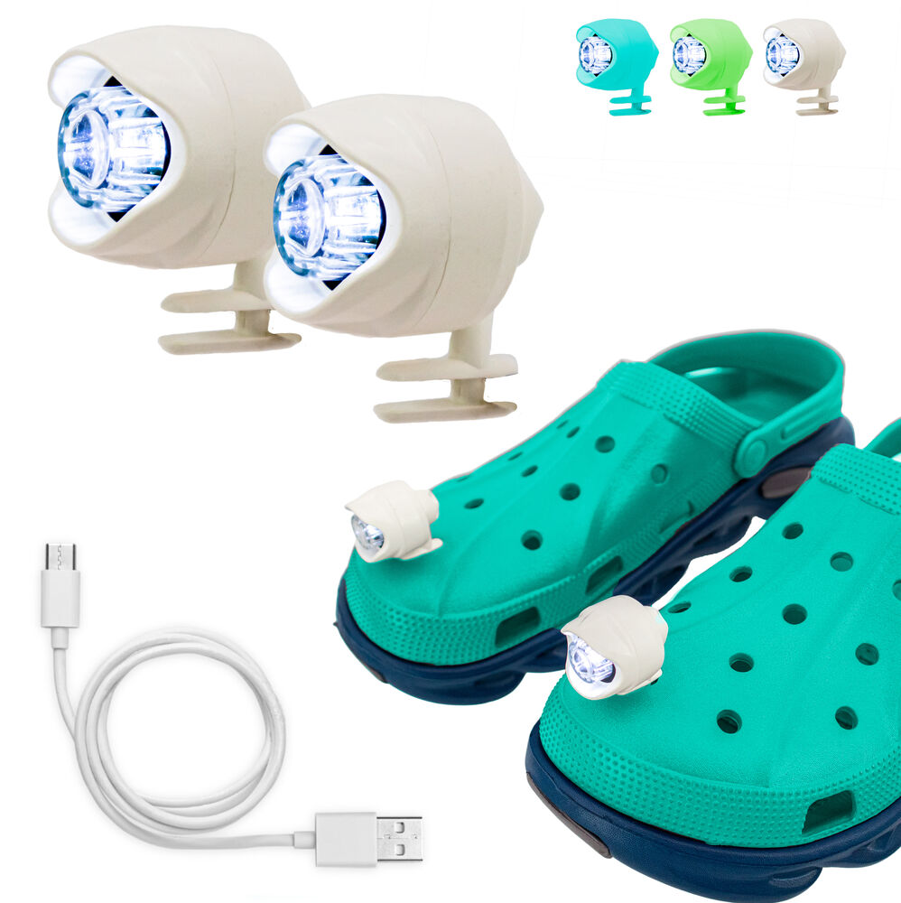 LED Shoe Lights For Crocs - USB Rechargeable, Ultra-Bright Headlights for Shoes, 3 Modes, Waterproof Clip On & Lightweight Flashlight for Night Walking, Running, Cycling, Camping, Dog Walking - White