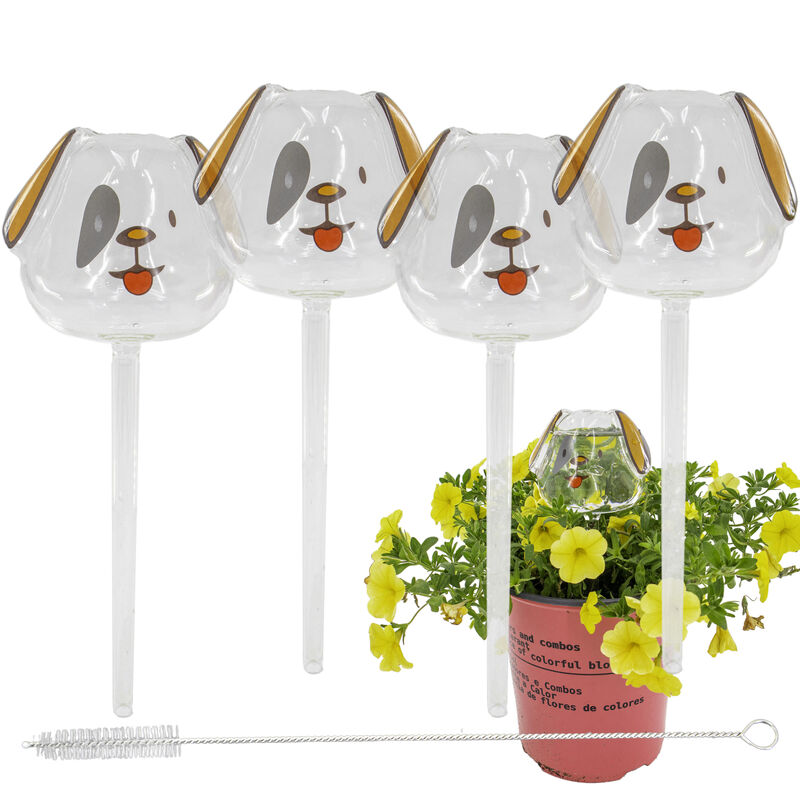 Automatic Self Watering Glass Plant Puppy Dog Globes - Drip Irrigation Ideal for Vacation Plant Care, Indoor/Outdoor Potted Flowers, Herbs, Houseplants - 9" 6-7 oz 4pc Set