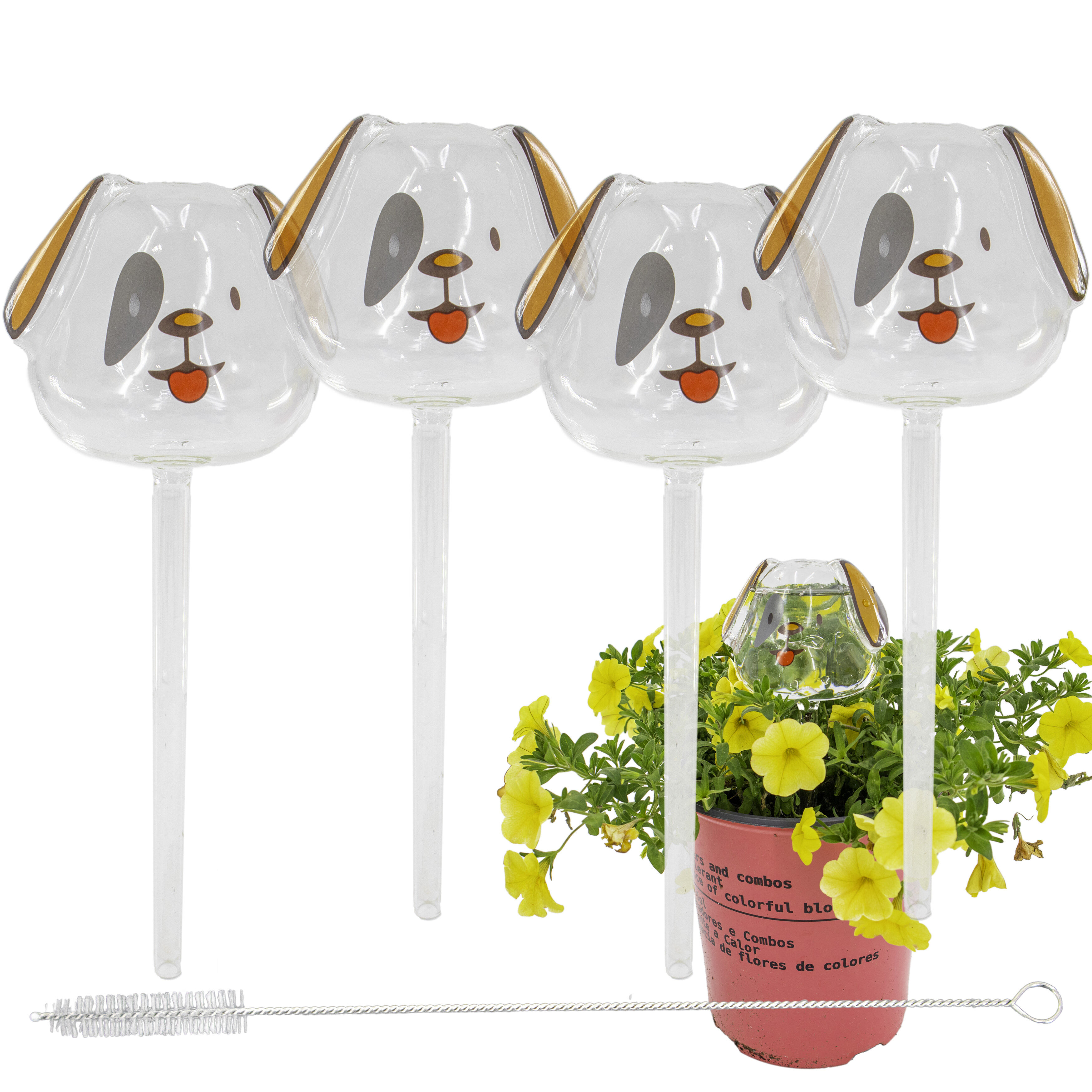 Automatic Self Watering Glass Plant Puppy Dog Globes - Drip Irrigation Ideal for Vacation Plant Care, Indoor/Outdoor Potted Flowers, Herbs, Houseplants - 9" 6-7 oz 4pc Set