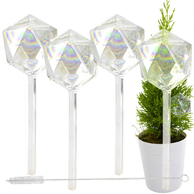 Automatic Self Watering Glass Plant Iridescent Diamond Globes - Drip Irrigation Ideal for Vacation Plant Care, Indoor/Outdoor Potted Flowers, Herbs, Houseplants - 9" 6-7 oz 4pc Set