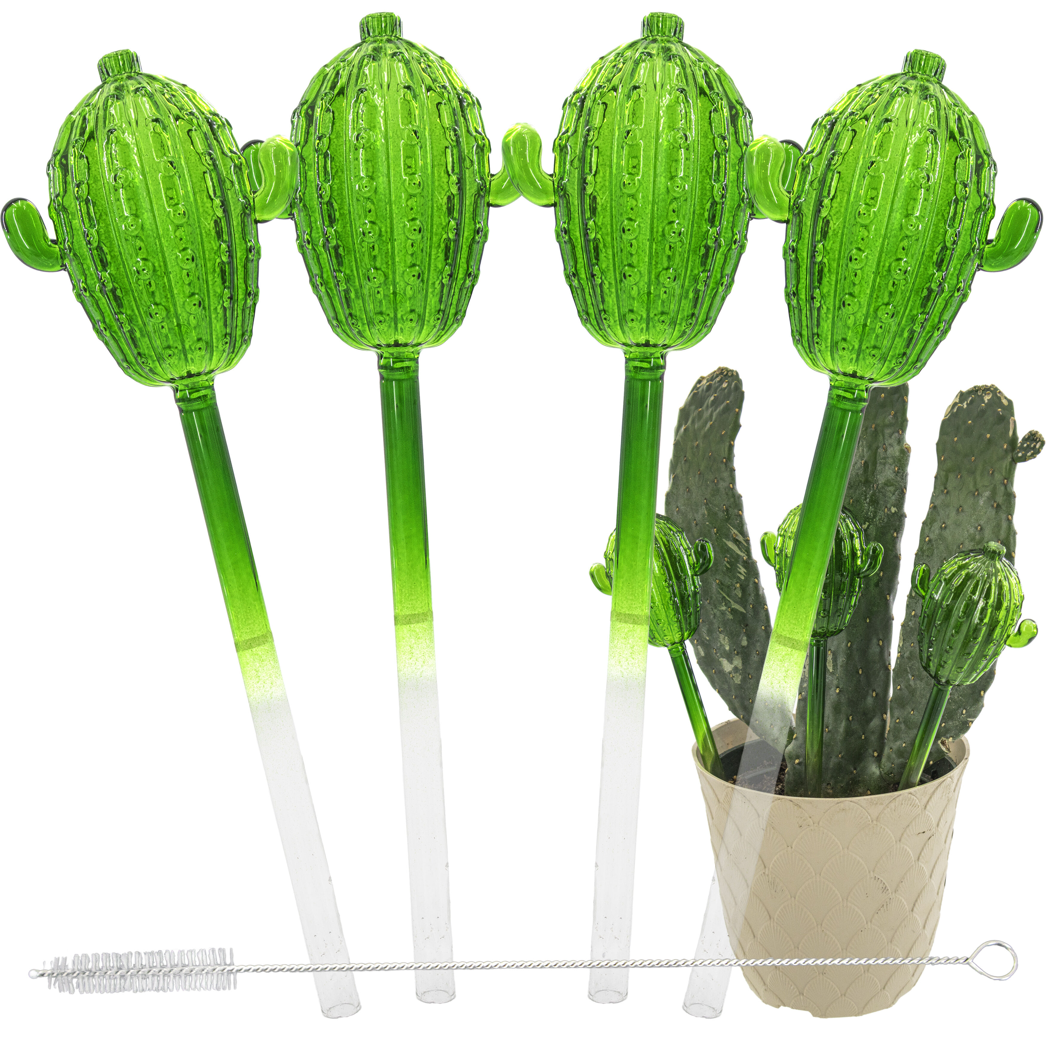 Aqua Glass Plant Watering Cactus Globes - Automatic Self Watering Drip Irrigation Ideal for Vacation Plant Care, Indoor/Outdoor Potted Flowers, Herbs, Houseplants - 10" 6-7 oz 4pc Set