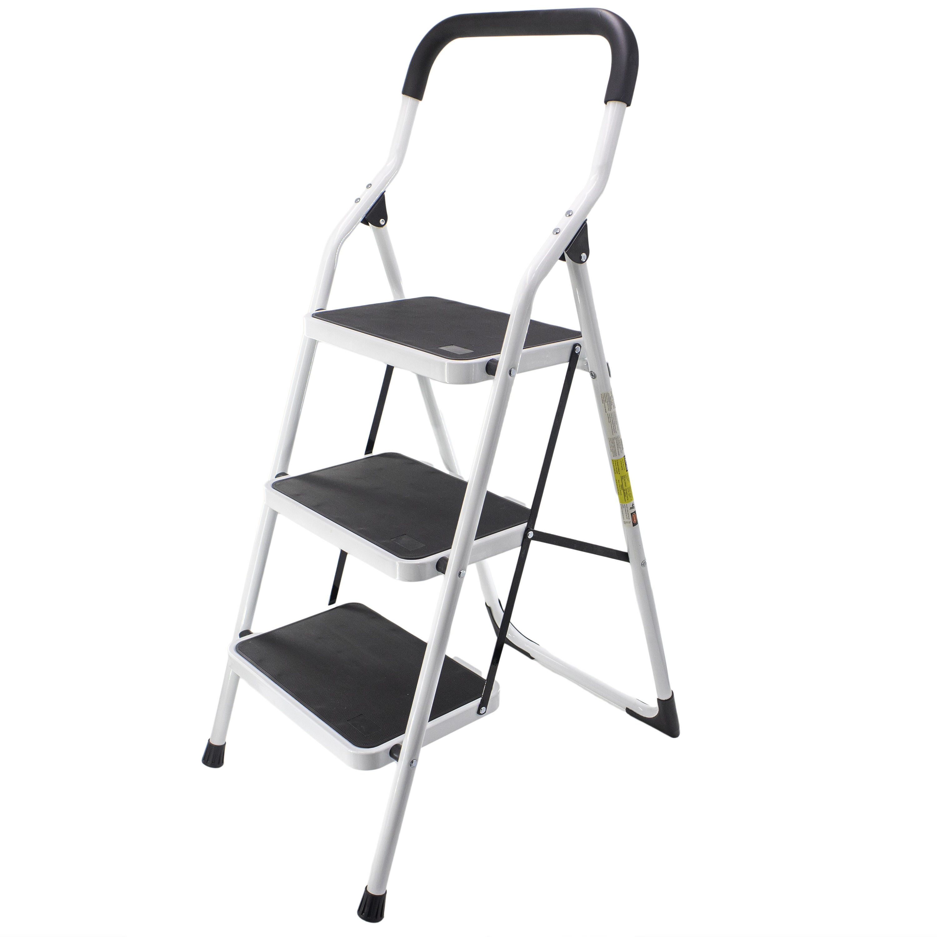 Metal 3 Step Stool Ladder Foldable with Non Slip Ergonomic Handle & Platform -  Heavy Duty, Lightweight, Compact & Collapsible Steel Safety Kitchen Step Stool - 45" Height