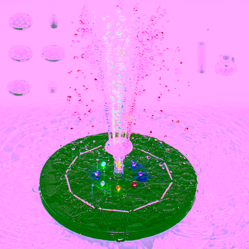 Solar Water Fountain Pump w/ 8 LED RGB Lights, 2 Automatic Modes, 8 Nozzles - Colorful RGB Bird Bath Pond Floating Fountain Lights - for Garden, Bird Bath, Pond, Pool, Yard, and Patio Decor