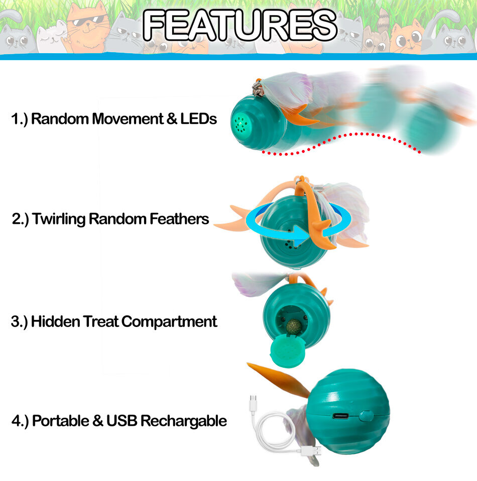 Interactive cat toy with random LED lights and twirling feathers