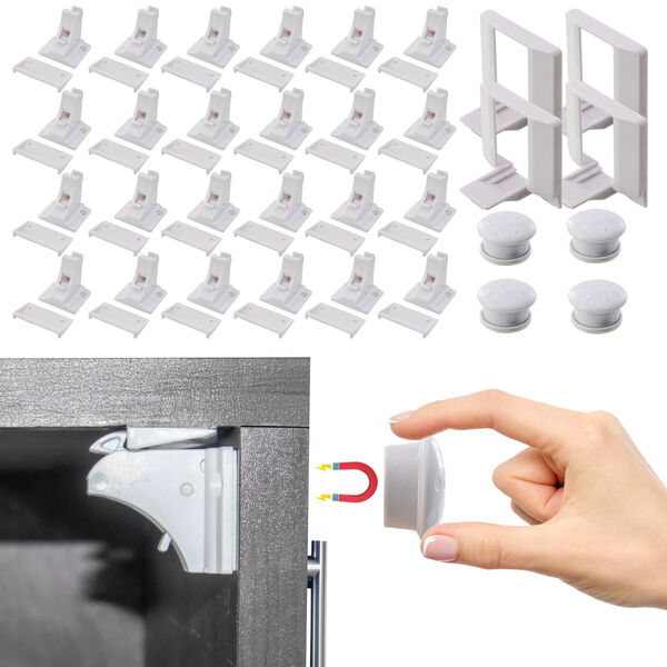 Magnetic Childproof Cabinet Locks - 24pc Set Toddler & Babyproof Drawer & Door Safety Latches - No Drill, Strong Adhesive, Hidden Design - Easy Install with Dual Locking Modes - Perfect for Cabinets and Drawers in Home and Kitchen