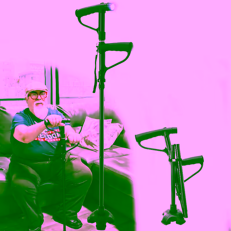 Folding Walking Cane with LED Light w/ Extra Rotating Support Handle, Lightweight, 4 Adjustable Height, Self Standing Quad Base, Comfortable Grip, Perfect for Elderly Senors and People with Limited Mobility