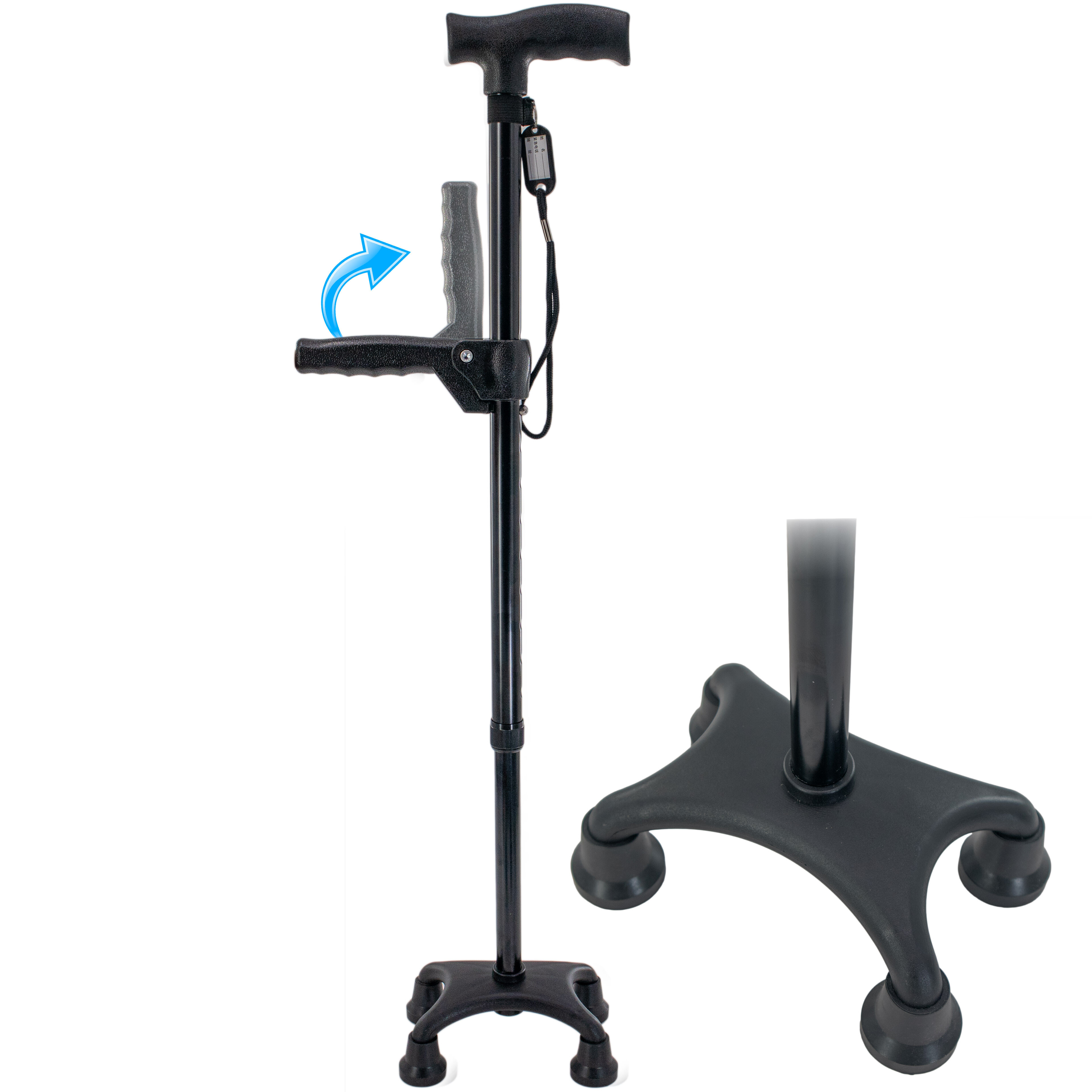 Walking Stick Cane w/ Quad Four Prong Base, Adjustable Rotatable Second Support Handle & 10 Height Adjustments - Self Standing Cane, Dual Ergonomic Handle - Perfect for Elderly Seniors