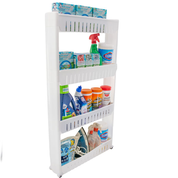 Slim Rolling Storage Cart 4 Tier Narrow Space Saving Mobile Shelving Utility Cart - For Bathroom and Laundry Room Organization -  Sturdy Organizer for Kitchen, Garage, and Office - White