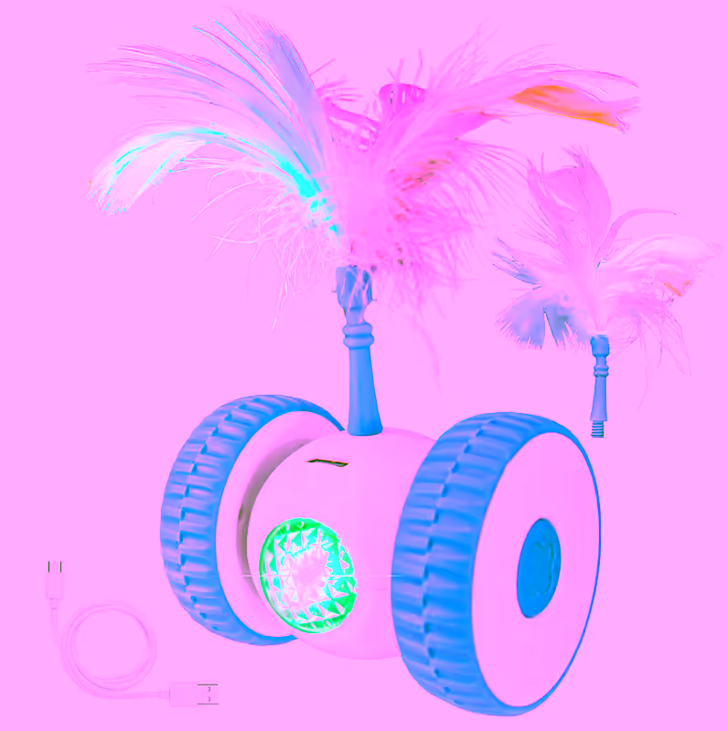 Interactive Cat & Dog Toy LED Lights, Wheels, & Moving Teaser Feather Wand - USB Rechargeable Automatic Moving Kitten Ball Toy for Exercise and Play