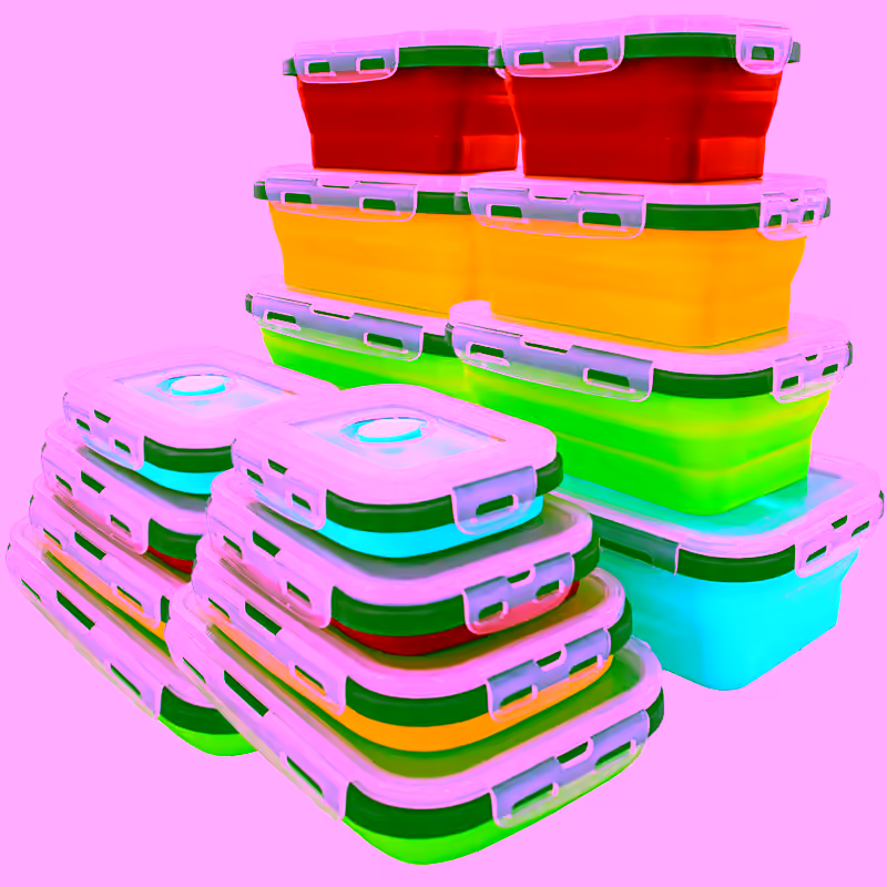 Collapsible Stackable Food Storage Containers 8pc- Silicone, Portable, Leak Proof, Airtight Lunch Boxes with Durable and Space-Saving Design for Meal Prep, Freezer, Pantry, and Bento Use