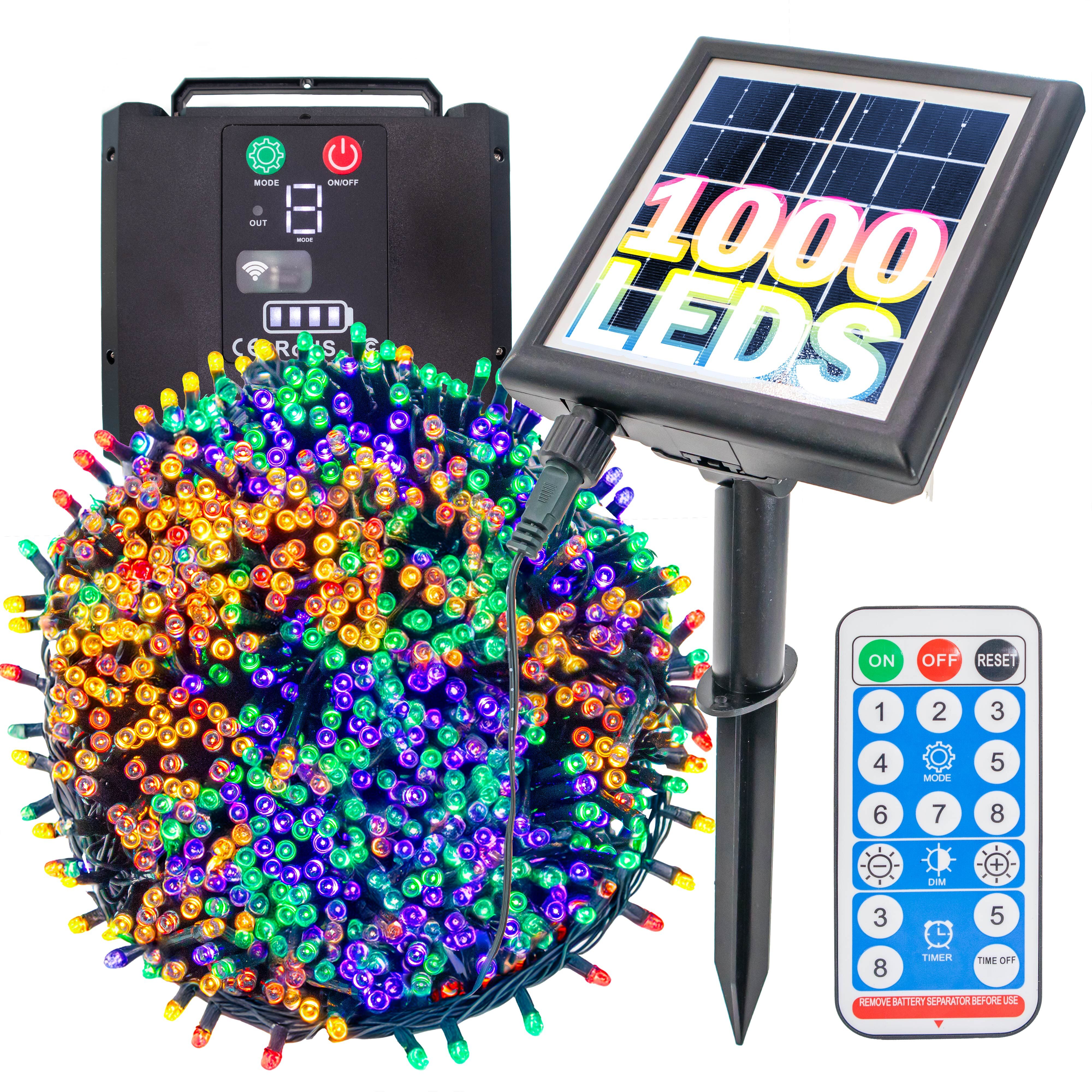 Solar Christmas Tree Outdoor Lights 1000 LED - 364ft RGB Multicolor Waterproof String Lights with Remote, Timer, 8 Modes - for Christmas Tree, Garden, Patio, Fence, Party, and Holiday Decorations