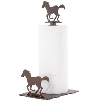 Rustic Horse Paper Towel Holder - Decorative Farmhouse Kitchen Accessory with Metal Horse Silhouettes and Stable Base for Countertops