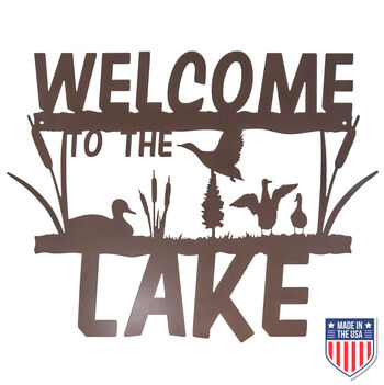 Rustic Metal 'Welcome to the Lake' Wall Sign – Nature-Inspired Cabin and Lake House Decor with Weatherproof Design and Easy Mounting