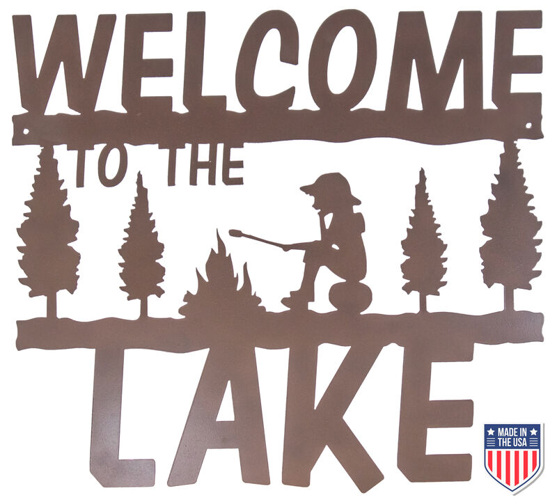 Rustic Metal Welcome Sign for Lake House and Cabin - Nature Inspired Wall Art Boy At Campfire & Trees - 20x18 Inches