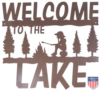 Rustic Metal Welcome Sign for Lake House and Cabin - Nature Inspired Wall Art Boy At Campfire & Trees - 20x18 Inches