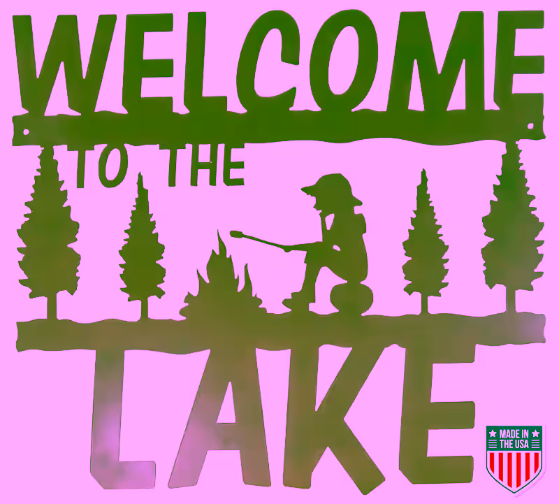 Rustic Metal Welcome Sign for Lake House and Cabin - Nature Inspired Wall Art Boy At Campfire & Trees - 20x18 Inches