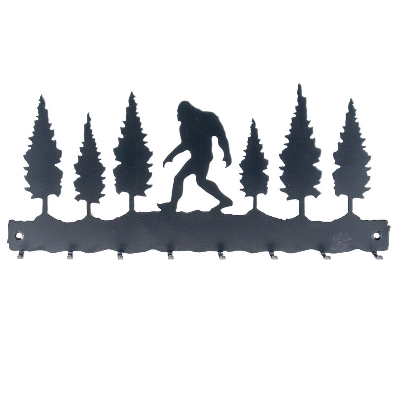 Bigfoot Key Holder - Wall-Mounted Metal Key Rack with 8 Hooks, Forest Silhouette Design, Matte Black Finish, and Rustic Entryway Organizer