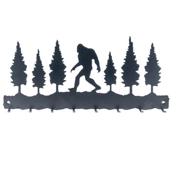 Bigfoot Key Holder - Wall-Mounted Metal Key Rack with 8 Hooks, Forest Silhouette Design, Matte Black Finish, and Rustic Entryway Organizer