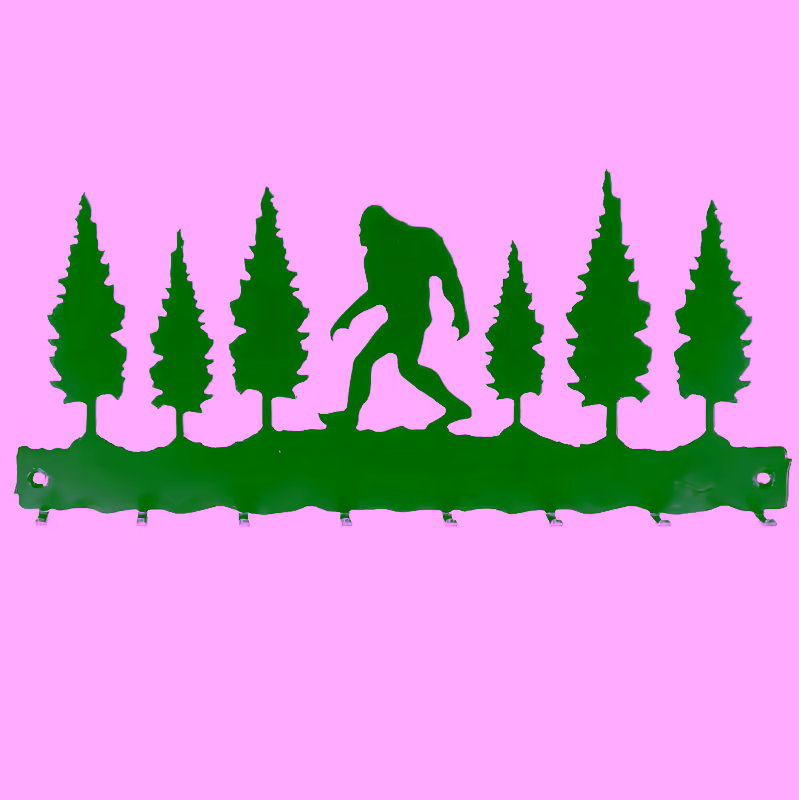 Bigfoot Key Holder - Wall-Mounted Metal Key Rack with 8 Hooks, Forest Silhouette Design, Matte Black Finish, and Rustic Entryway Organizer