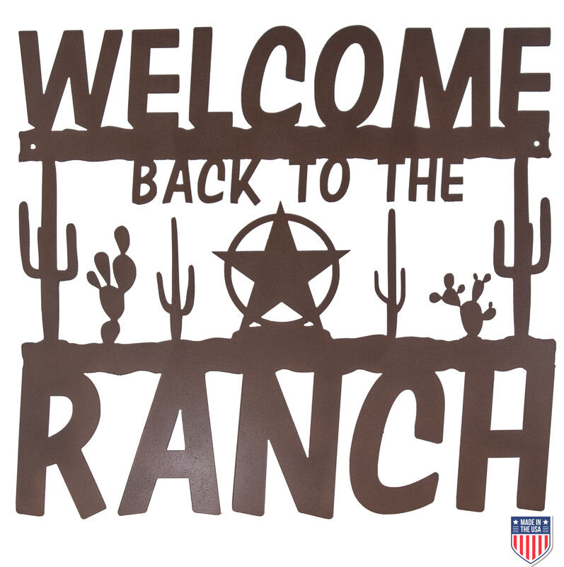 Rustic Western Welcome To The Ranch Sign - Weatherproof Metal Wall Art with Cactus and Star Design for Ranches, Farmhouses, and Outdoor Decor, 20x18 Inches