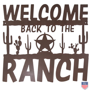 Rustic Western Welcome To The Ranch Sign - Weatherproof Metal Wall Art with Cactus and Star Design for Ranches, Farmhouses, and Outdoor Decor, 20x18 Inches