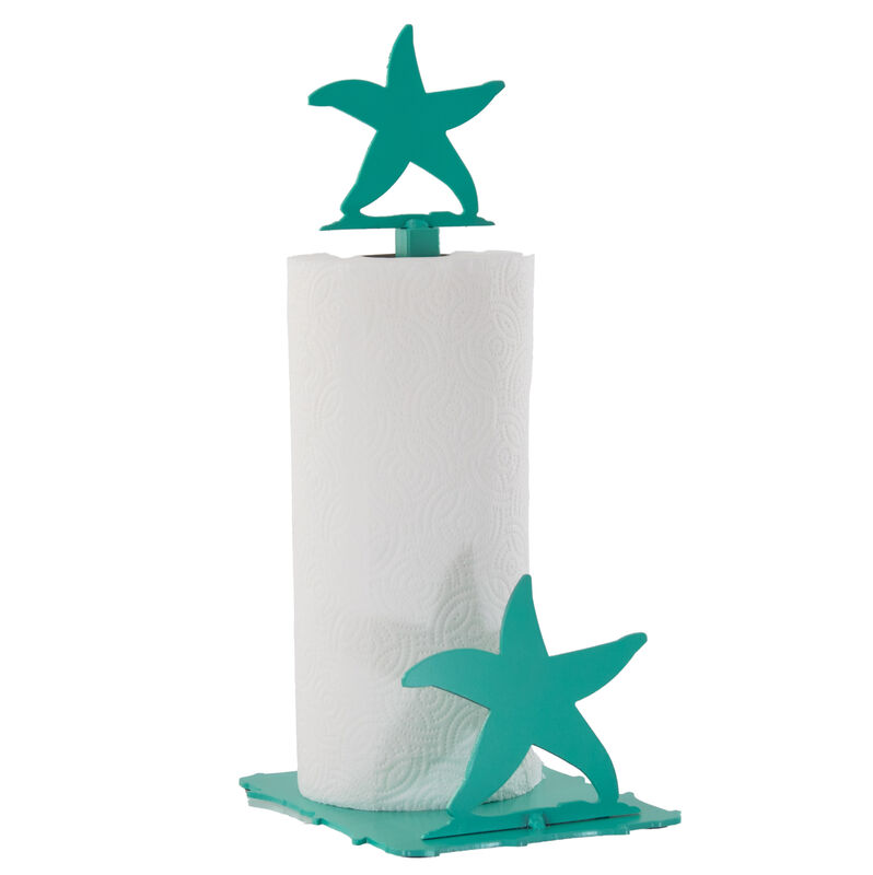 Coastal Starfish Paper Towel Holder – Decorative Teal Kitchen Paper Roll Stand Accessory with Durable Metal Build and Stable Base for Nautical Beach Themed Homes