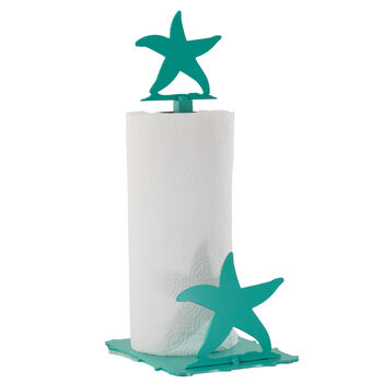 Coastal Starfish Paper Towel Holder – Decorative Teal Kitchen Paper Roll Stand Accessory with Durable Metal Build and Stable Base for Nautical Beach Themed Homes