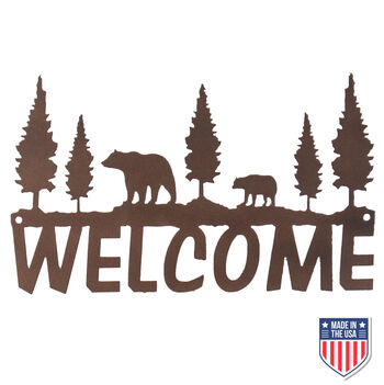 Rustic Metal Welcome Sign with Bear and Tree Design – Nature-Inspired Wall Art for Cabin, Lodge, Porch, or Outdoor Spaces – Weatherproof and Easy to Mount
