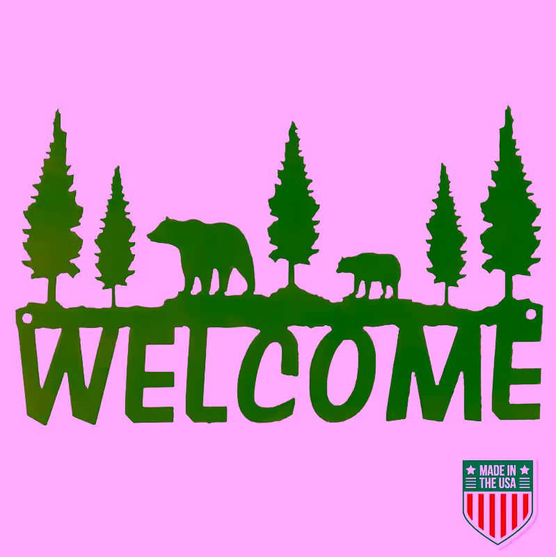 Rustic Metal Welcome Sign with Bear and Tree Design – Nature-Inspired Wall Art for Cabin, Lodge, Porch, or Outdoor Spaces – Weatherproof and Easy to Mount