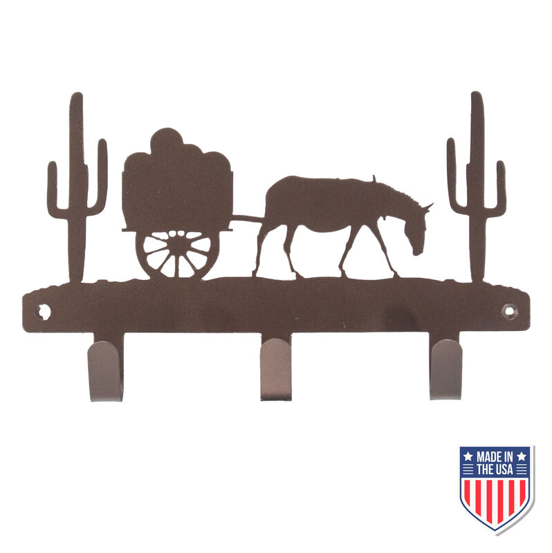 Western Wall-Mounted Coat Rack with Rustic Metal Silhouette, Horse and Wagon Design, Cactus Hooks, and Farmhouse Organizer – Durable 12x7 Inches for Entryway or Mudroom