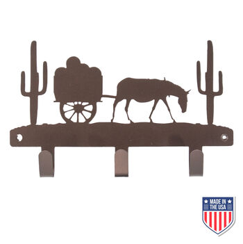 Western Wall-Mounted Coat Rack with Rustic Metal Silhouette, Horse and Wagon Design, Cactus Hooks, and Farmhouse Organizer – Durable 12x7 Inches for Entryway or Mudroom